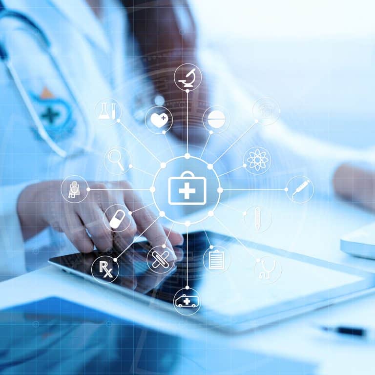 Healthcare professional using a tablet with medical icons overlay.