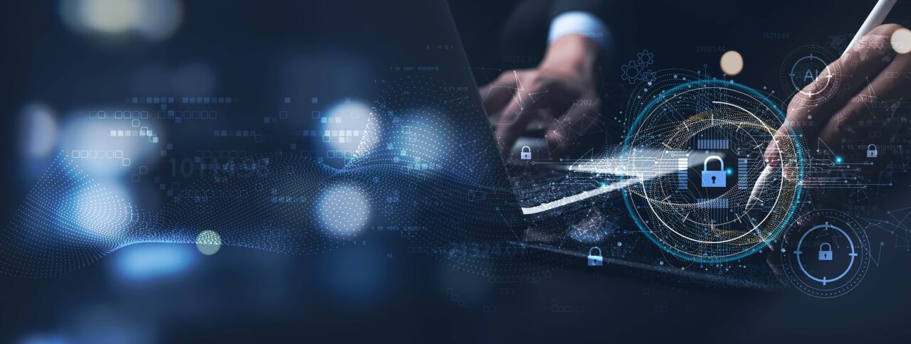 Cyber security and data protection. Businessman using digital ta