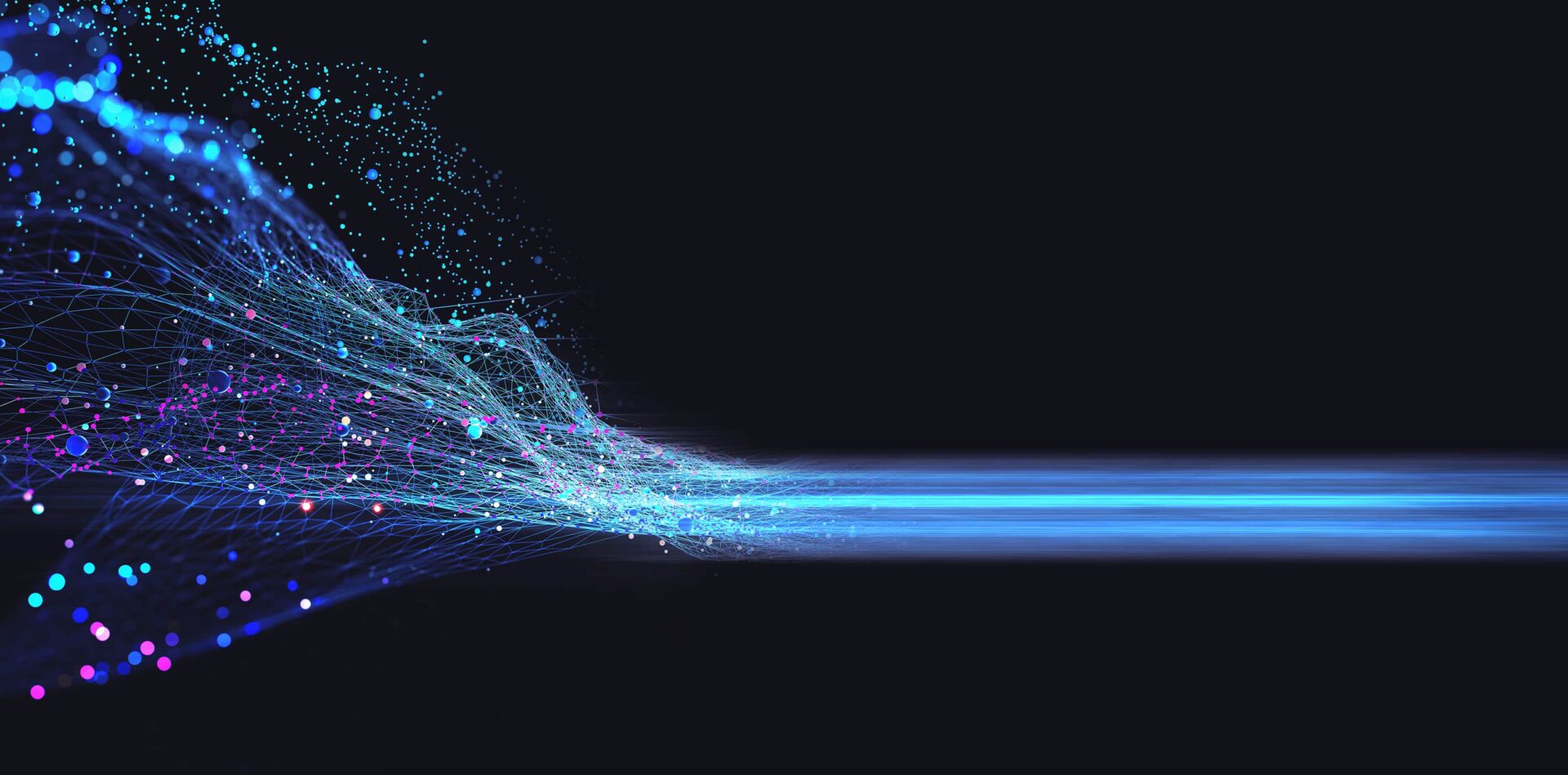 Digital data stream with glowing lines and particles on a dark background.