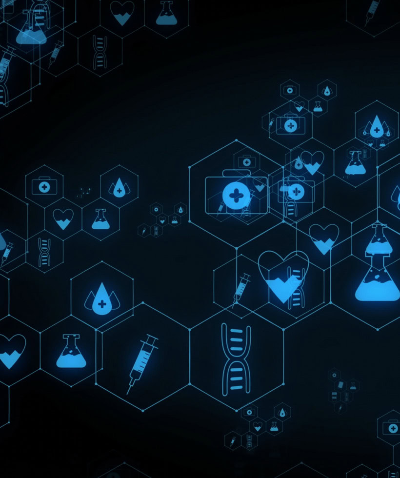 Digital healthcare icons with DNA, heart, and medical symbols on dark background.