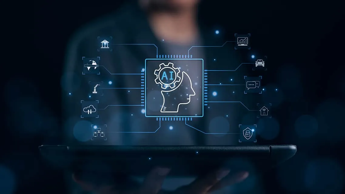 Businessman uses AI software technology for business tasks and daily life. Ai chat and command prompt to generate answer what he wants. smart robot automation system, Chatbot intelligent assistant,