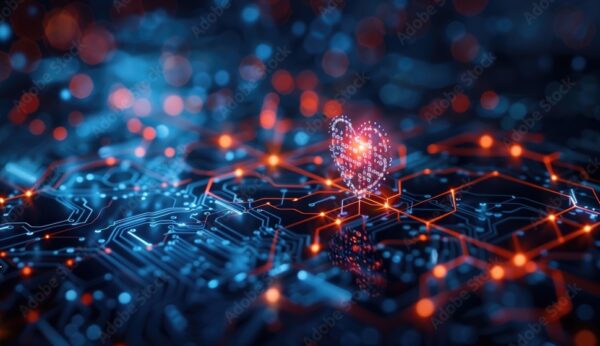 Digital heart shape with circuit lines representing health informatics technology.