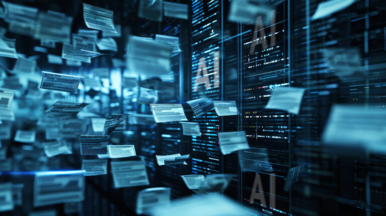 Futuristic digital data streams and floating screens in a high tech environment.