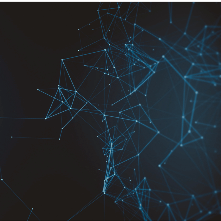Abstract digital network with interconnected blue lines and points on black background.