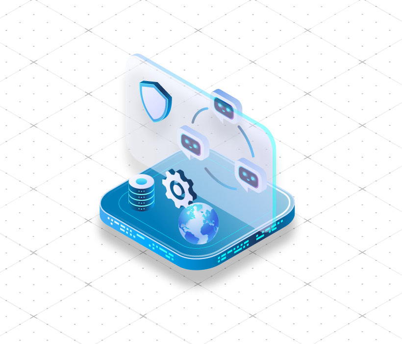 Digital security and AI governance concept with shield, gear, and globe on smartphone.