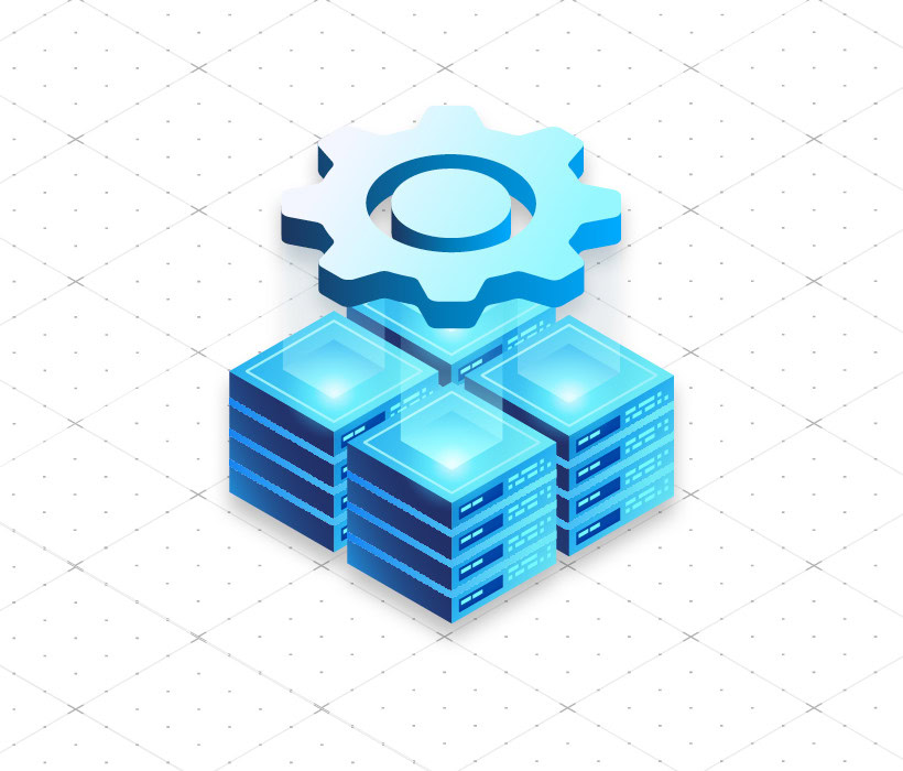 Digital data servers with a gear icon representing AI governance and data management.