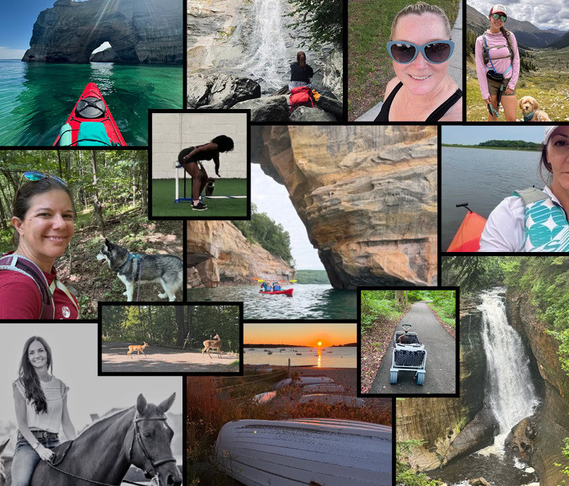 A collage of outdoor activities including kayaking, hiking, and exploring nature.